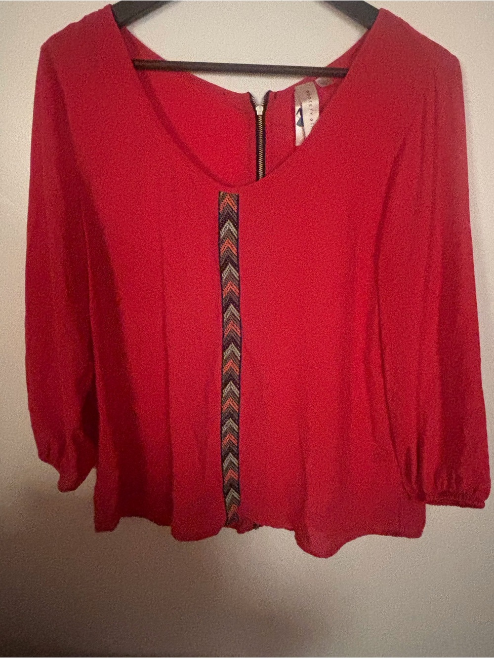 Women's Red Scoop Neck Blouse with Chevron Trim
